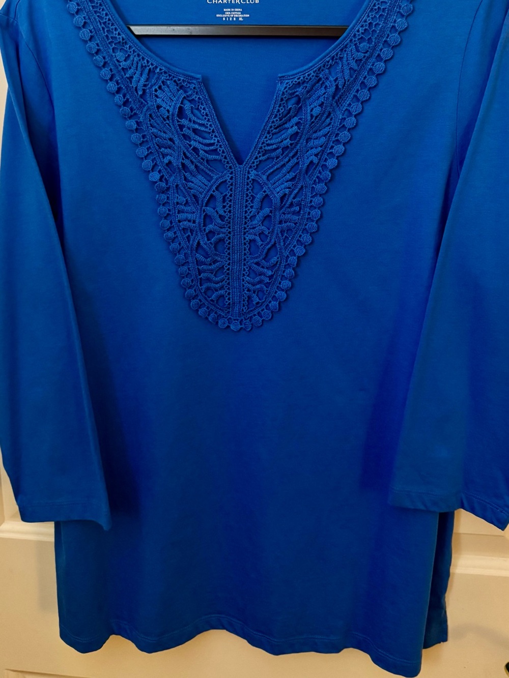 Charter Club Top 100% Cotton Boho Style Blue Crochet-Trim Top Size -  XL - Picture 4 of 9